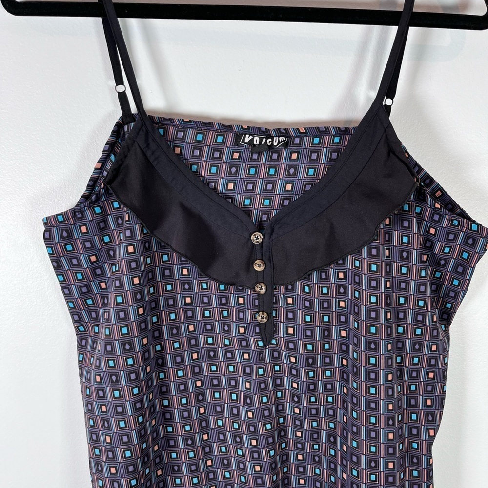 Volcom Women’s Slip Dress Front Ruffle Pockets Geometric Pattern Size Large - Picture 2 of 9